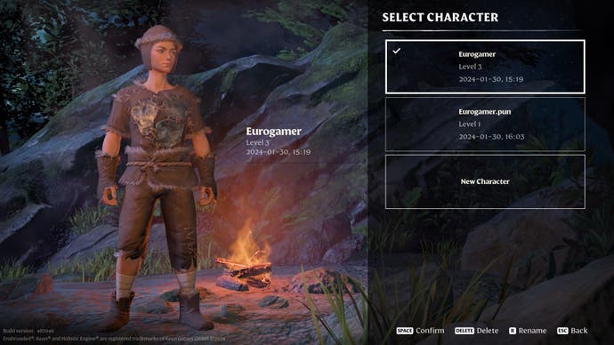 Character select menu in Enshrouded with a female character in armour selected.