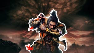 Wolf, the main character from Sekiro, leans on his sword. He's imposed over the a veiled version of the Erdtree from Elden Ring, with a shadowed city beneath.