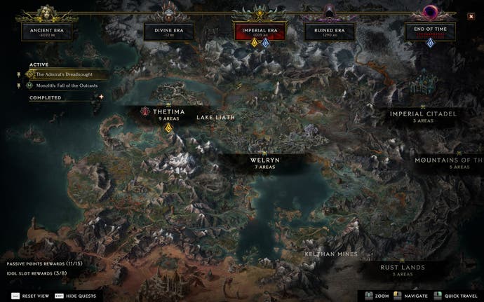 اسکرین شات Last Epoch که نقشه جهان Last Epoch را نشان می دهد که سبک فانتزی بالایی دارد.  این نقشه شهرهای سراسر جهان را به همراه نقاط سفر سریع و نشانگرهای جستجو نشان می دهد.  در بالای نقشه گزینه هایی برای دوره های مختلف وجود دارد که به بازیکن امکان سفر در زمان را می دهد.