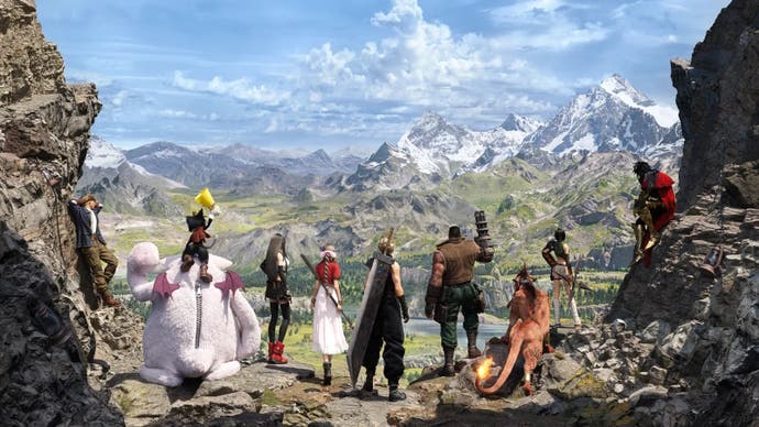the actors of Final Fantasy 7 Rebirth on a mountain facing the large open space in front of them