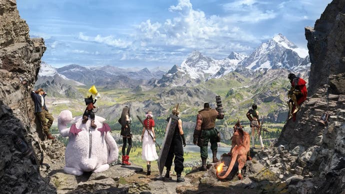 Die Besetzung von Final Fantasy 7 -Wiedergeburt auf einem Berg schaut auf die große offene Gegend vor sich