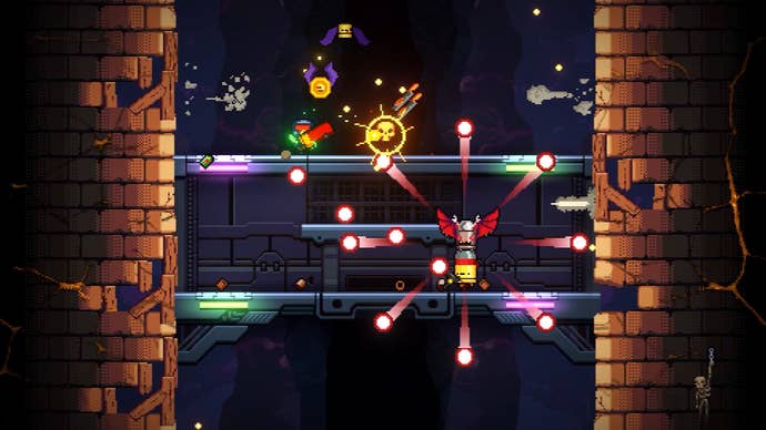 Un joueur monte un ascenseur tout en combattant les ennemis à la sortie du gungeon
