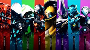 A collection of the exo suits available to play as in Exoprimal, all with colourful backgrounds behind them.