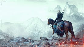 An image of Witcher protagonist Geralt riding a horse towards distant snowy mountains