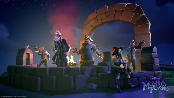 Five pirates stand atop Lookout Point at the very pinnacle of Melee Island, a low stone wall to the front and a high stone arch to the rear.