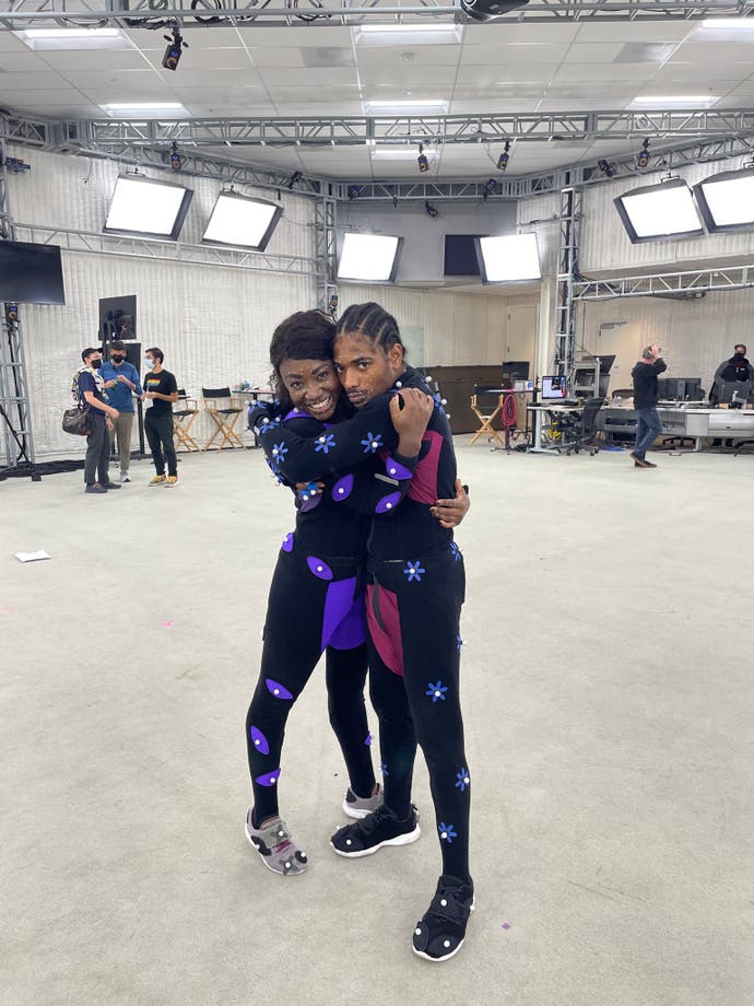 Ofili with Miles Morales actor Nadji Jetter on the set of Marvel's Spider-Man 2