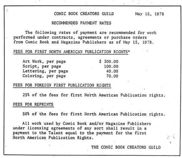 Comic Book Creators Guild proposed rates from 1978