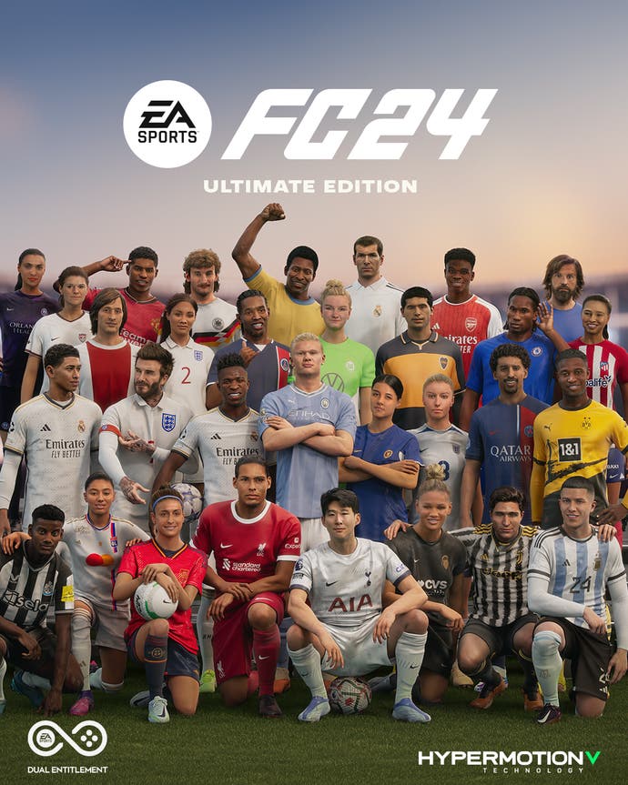 EA Sports FC24 cover art, featuring four rows of a total of 31 players, standing and kneeling between the FC24 logo.