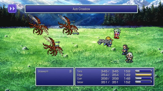 A party of warriors fight three airborne Grasswyrms in Final Fantasy 6