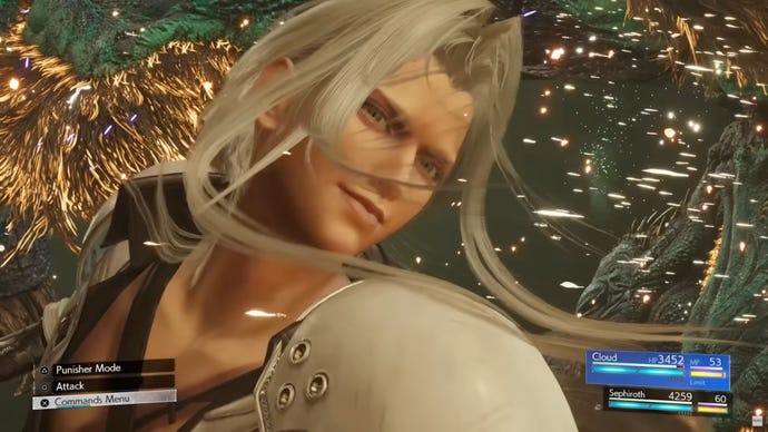 Sephiroth swishes his hair in a battle scene in Final Fantasy VII Rebirth