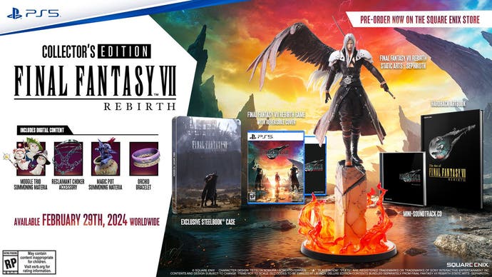 Details of the Final Fantasy 7 Rebirth Collector's Edition with Sephiroth statue