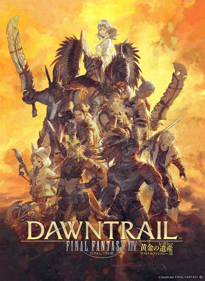Full artwork for Dawntrail featuring character montage on orange background
