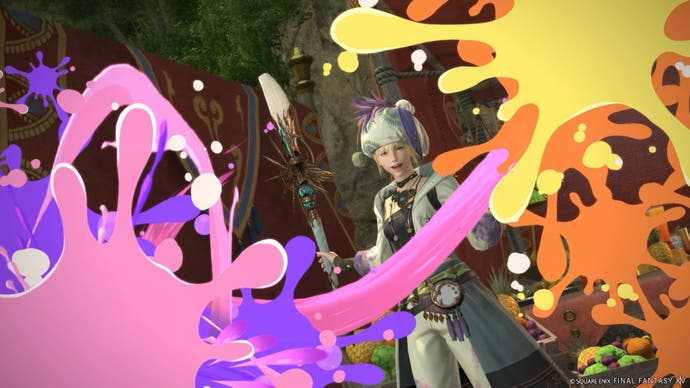 Pictomancer Job in FF14 Dawntrail with paint splatters on screen