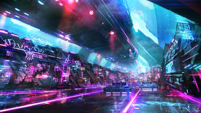 Concept art of the solution nine cyberpunk city from FF14 Dawntrail
