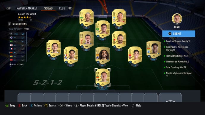 FIFA 23 image showing Richarlison, Nunez, Coutinho, Freuler, Ruben Neves, Chilwell, Fofana, Cucurella, Aguerd, Lamptey, and Leno in an Ultimate Team squad.