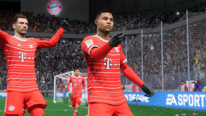 FIFA 23 screenshot showing Gnobry pointing towards the crowd as a goal celebration.