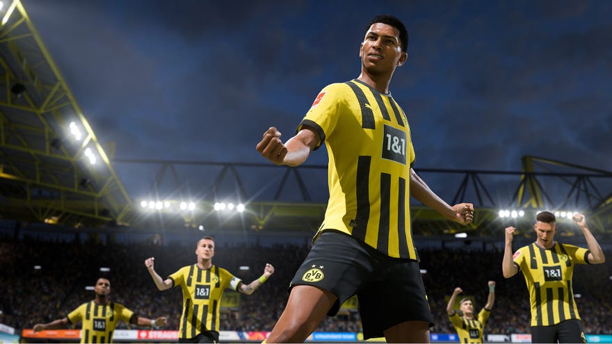 FIFA 23 -afbeelding met Borussia Dortmund -spelers die 's nachts op het veld vieren