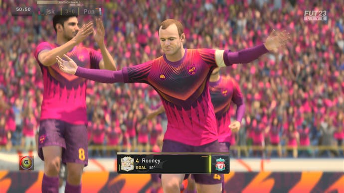 FIFA 23 review - Everton and Manchester United legend Wayne Rooney celebrating after scoring a goal for a team with a Liverpool badge.