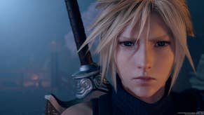 Extreme close up of Cloud with sword at his back looking pensieve
