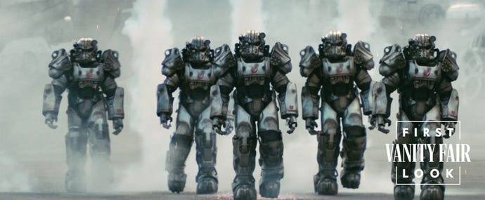 Several Brotherhood of Steel soldiers in metal suits walking towards the camera in Amazon's Fallout TV adaptation.