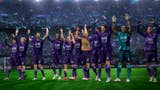 FM23 review - a team in purple kit celebrate on the pitch