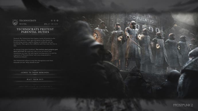 A splash screen in Frostpunk 2 showing a faction-dispute moment. Here, the Technocrats are protesting for a future they want to see in your society.