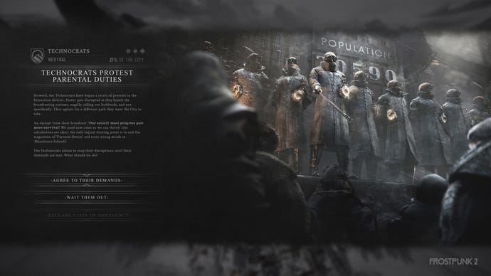 Men in goggles and trenchcoats protest in Frostpunk 2