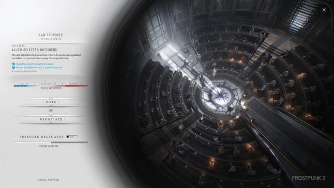 The Council Hall screen, showing a hall of circular desks in Frostpunk 2