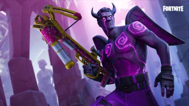 Fortnite's horny fallen angel character holds a crossbow.