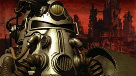 Key art from Fallout: A Post-Nuclear Role-Playing Game showing a member of the Brotherhood of Steel in power armour