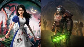 Split image between Alice Madness Returns box art (left) and Fallout 76 art (right)