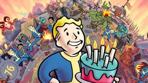 Fallout 76's Vault Boy attending a birthday celebration.