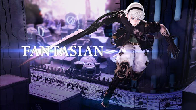 Silver haired, sword-wielding protagonist is stuck in a running animation next to the Fantasian logo.