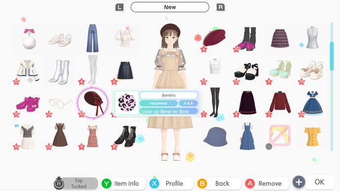 El jugador está en su almacén mirando varias prendas de vestir en Fashion Dreamer.