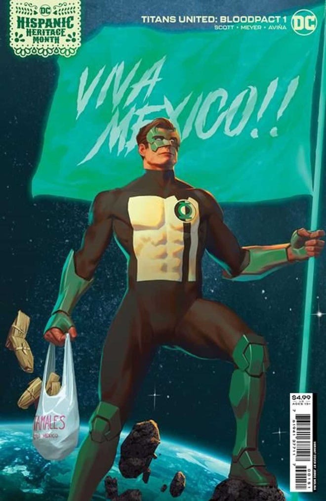 Green Lantern holding a flag that says Viva Mexico and a bag of tamales