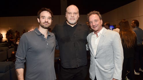 Daredevil: Born Again's Charlie Cox, 
@vincentdonofrio with Marvel Studios co-president Louis D'Esposito at D23 Expo 2022