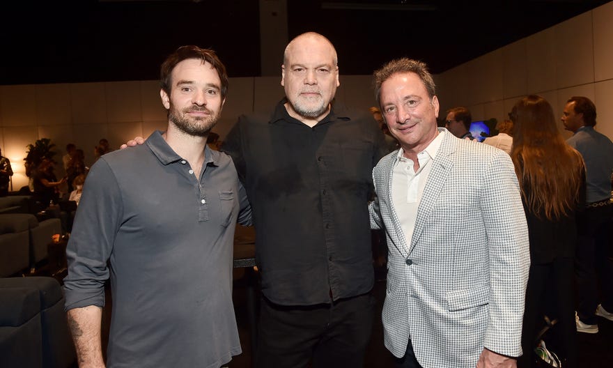 Daredevil: Born Again's Charlie Cox, 
@vincentdonofrio with Marvel Studios co-president Louis D'Esposito at D23 Expo 2022
