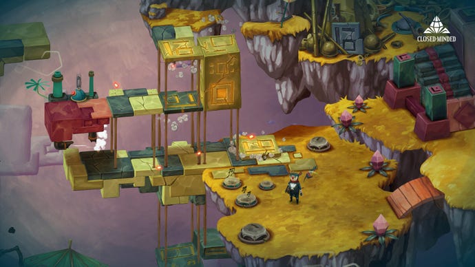 A Figment 2 screenshot showing a puzzle contraption made of building blocks