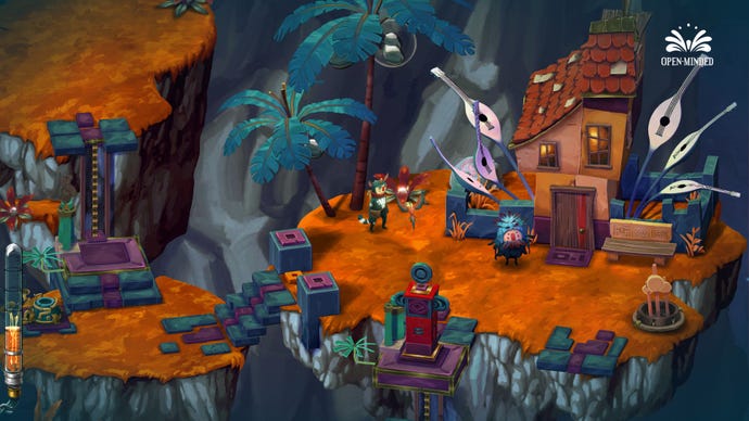 A Figment 2 screenshot showing Dusty and piper standing outside a small house with banjos sprouting from it's roof