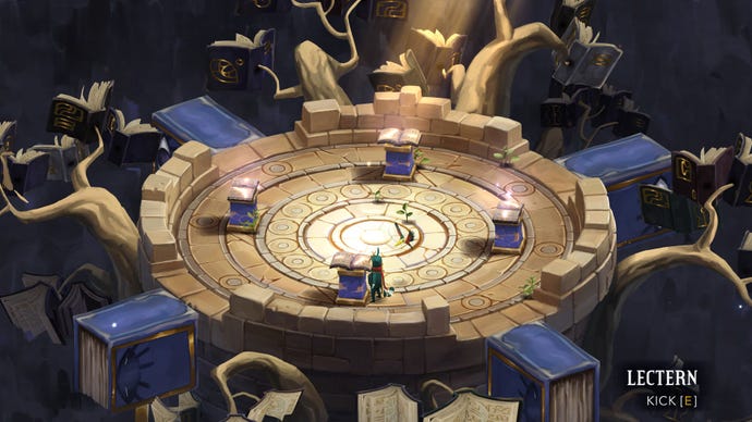 A Figment 2 screenshot showing Dusty and Pipe in the ethics maze solving a book puzzle