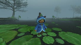 Blue hooded Moogle stands on some clovers in a river in Final Fantasy 11