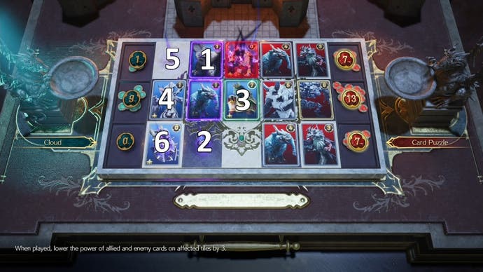 Numbers indicating the order of cards to be played during the A Kingly Clash Card Carnival challenge in Final Fantasy 7 Rebirth.