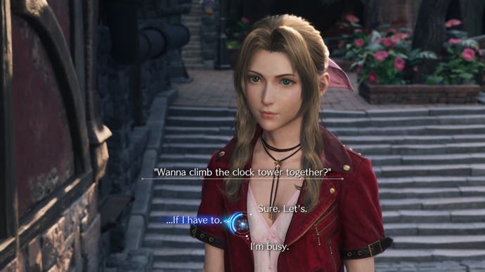 Making a cringy dialogue choice in Kalm with Aerith in Final Fantasy 7 Rebirth.