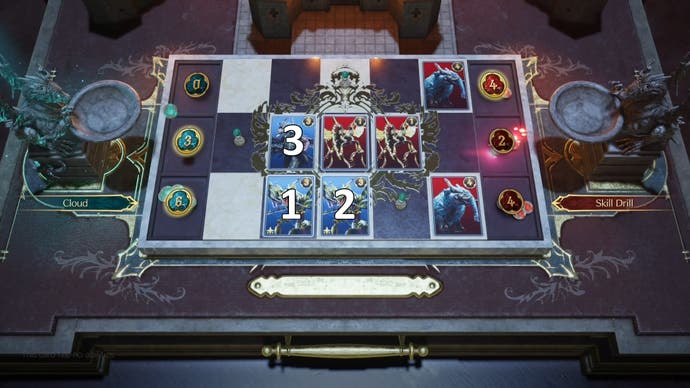 Numbers indicating the order of playing cards during the Power-Down Practice Card Carnival challenge in Final Fantasy 7 Rebirth.