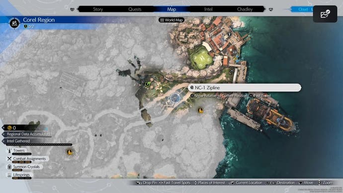 Регион Корел: Вид на карту локации на зиплайне с материалами для ремонта в Final Fantasy 7 Rebirth.
