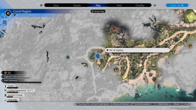 Регион Корел: Вид на карту локации на зиплайне с материалами для ремонта в Final Fantasy 7 Rebirth.