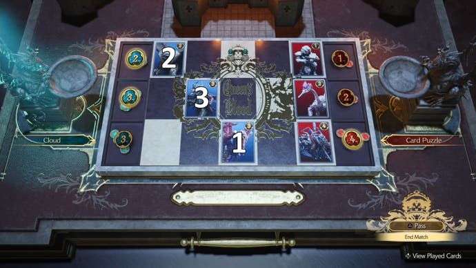 Numbers indicating the order of cards to be played during the Round 1 Card Carnival challenge in Final Fantasy 7 Rebirth.