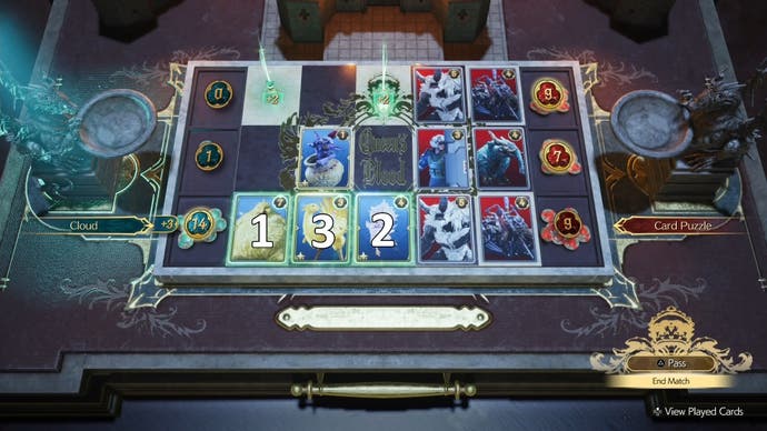 Numbers indicating the order of cards to be played during the Round 2 Card Carnival challenge in Final Fantasy 7 Rebirth.