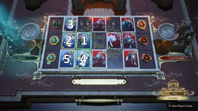 Numbers indicating the order of cards to be played during the Round 3 Card Carnival challenge in Final Fantasy 7 Rebirth.