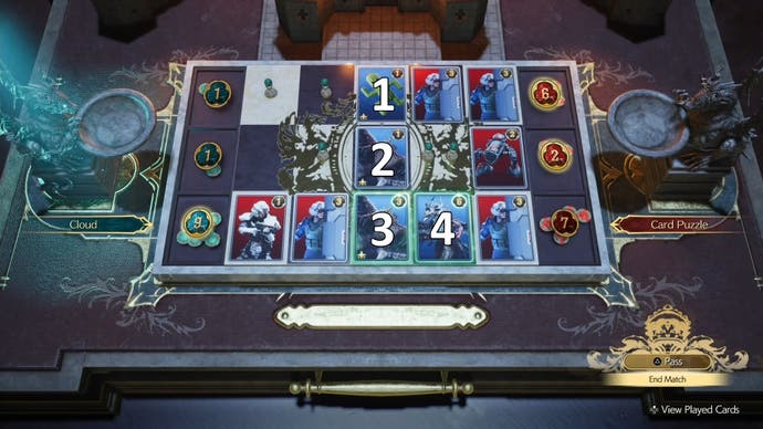 Numbers indicating the order of playing cards during the Spears and Needles Card Carnival challenge in Final Fantasy 7 Rebirth.